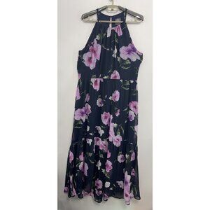 Vince Camuto Halter Chiffon Midi Dress Hi Lo Tiered Floral Blue Pink Womens 12